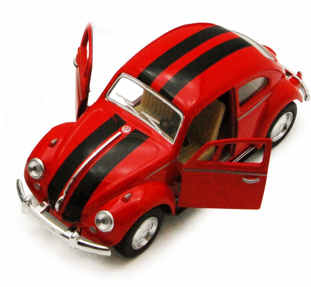 KiNSMART - 1967 Volkswagen Classic Beetle 5 Inch 1:32 Scale Die Cast Metal Model Toy Set Of 4 w/ Racing Strips