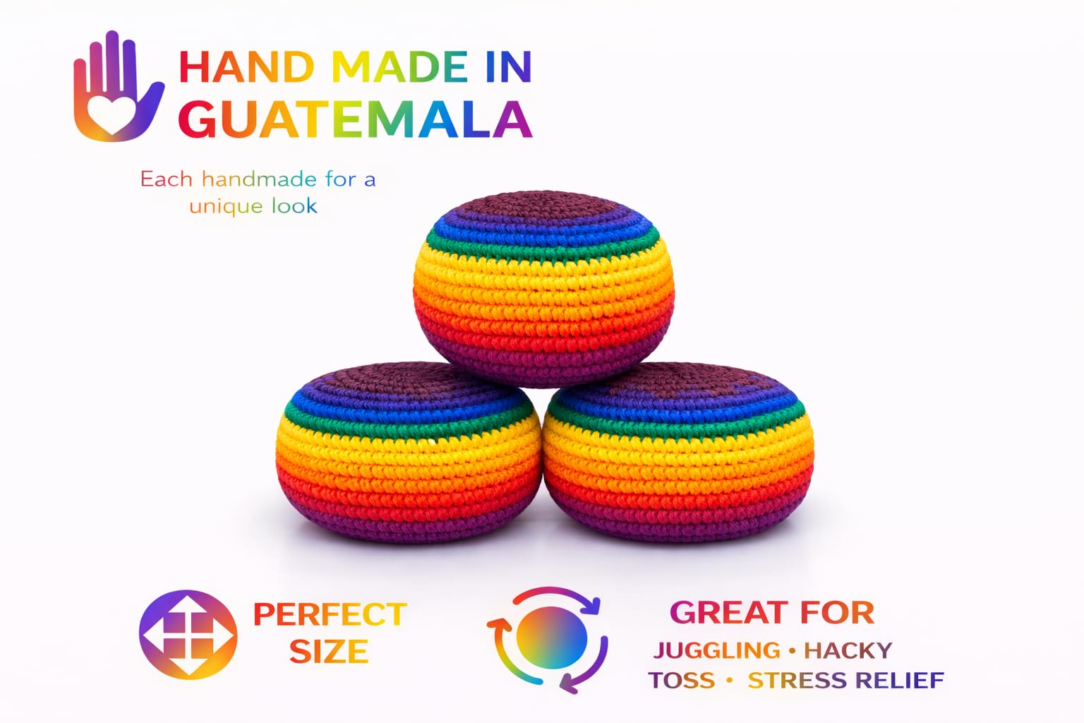 Funny Guy Mugs Footbag Balls 3 Pack Handmade Crocheted Kick Toss Balls from Guatemala Assorted Patterns Warm Fade
