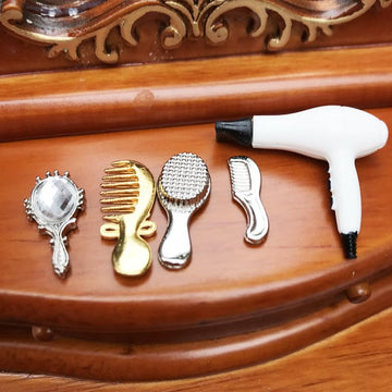 AirAds Dollhouse Accessories 1:12 Scale Dollhouse Bathroom Comb Mirror Hair Dryer Brush (Set 4)