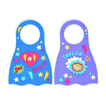 Fun Express DIY Foam Superhero Door Hanger Kit Makes 24 - Super Hero Party Favors, Craft Activity for Kids | Door Knob Sign with Self-Adhesive Foam