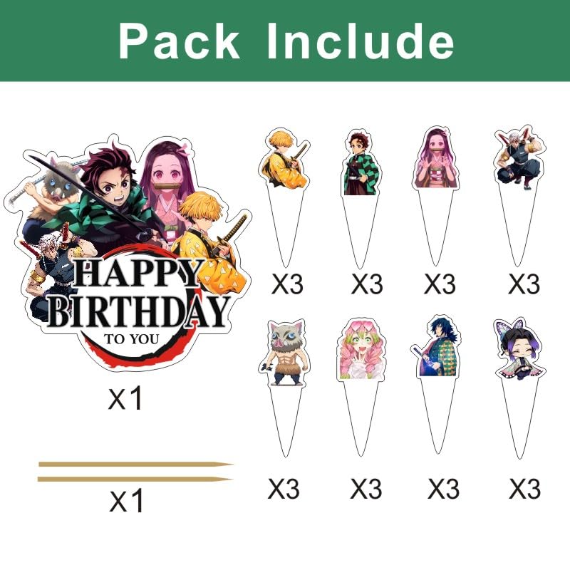 25pcs Demon Cake Decorations with 1pcs Cake Topper, 24pcs Cupcake Toppers for Slayer Birthday Party Supplies