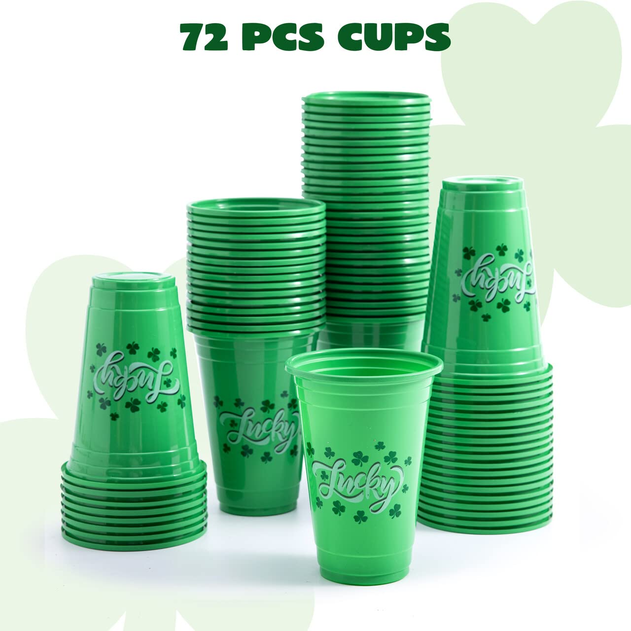 JOYIN 72 Pcs St.Patrick‘s Day 16 oz Cups, Green Disposable Plastic Lucky Clover Cups for Saint Patrick Party Supplies Set, Irish Lucky Day Party
