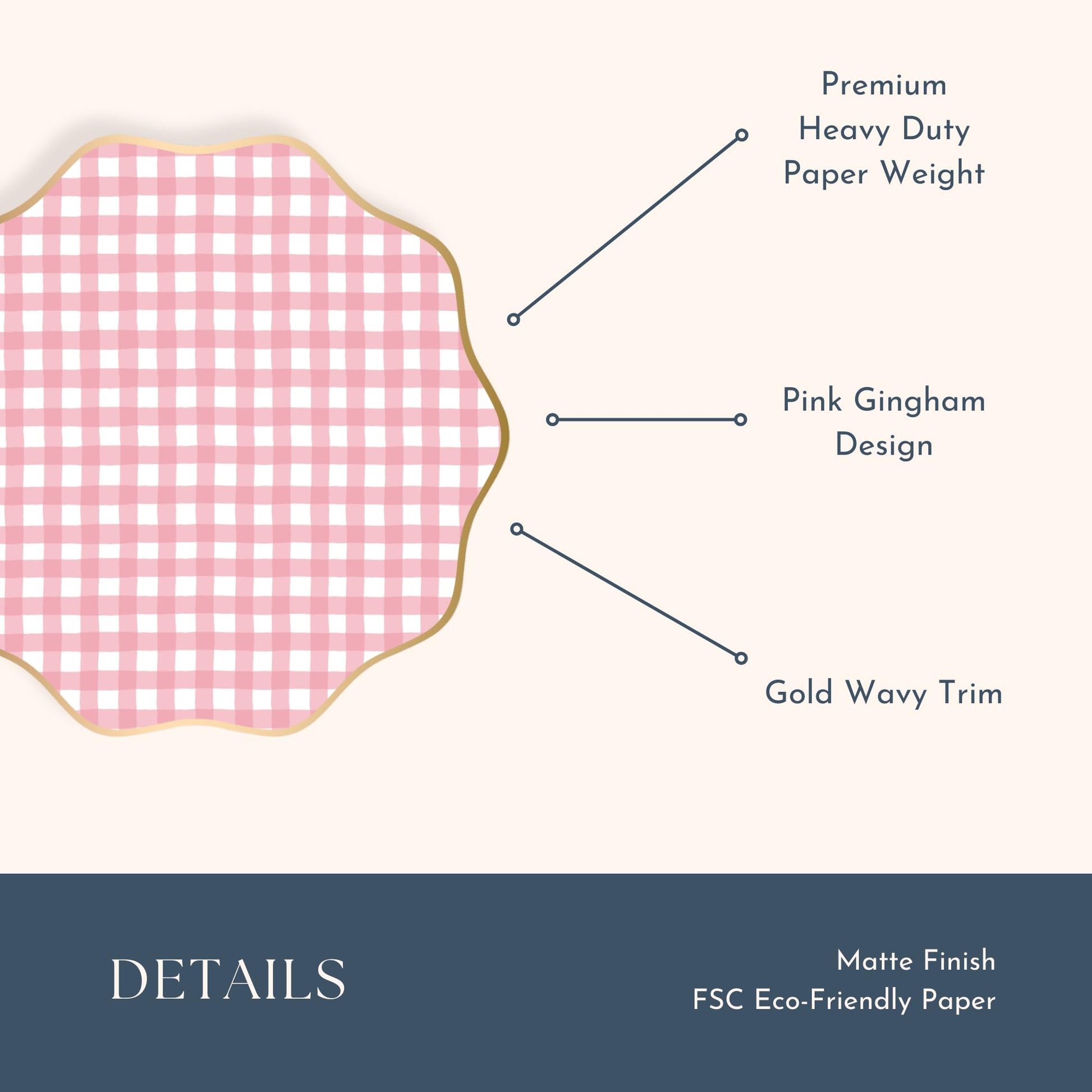 Bonjour Fête Light Pink Gingham Paper Party Plates | Large Disposable Dinner Plates for Valentines Plate, Baby Showers, Spring & Birthday Celebrations