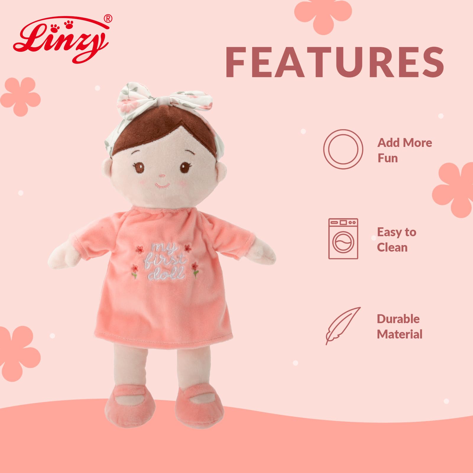 Linzy Toys Soft Plush Doll - 10" My First Doll with Floral Headband, Safe for All Ages, Stuffed Plush Doll for Girls, Adorable Toddler Girl Toys,Ideal