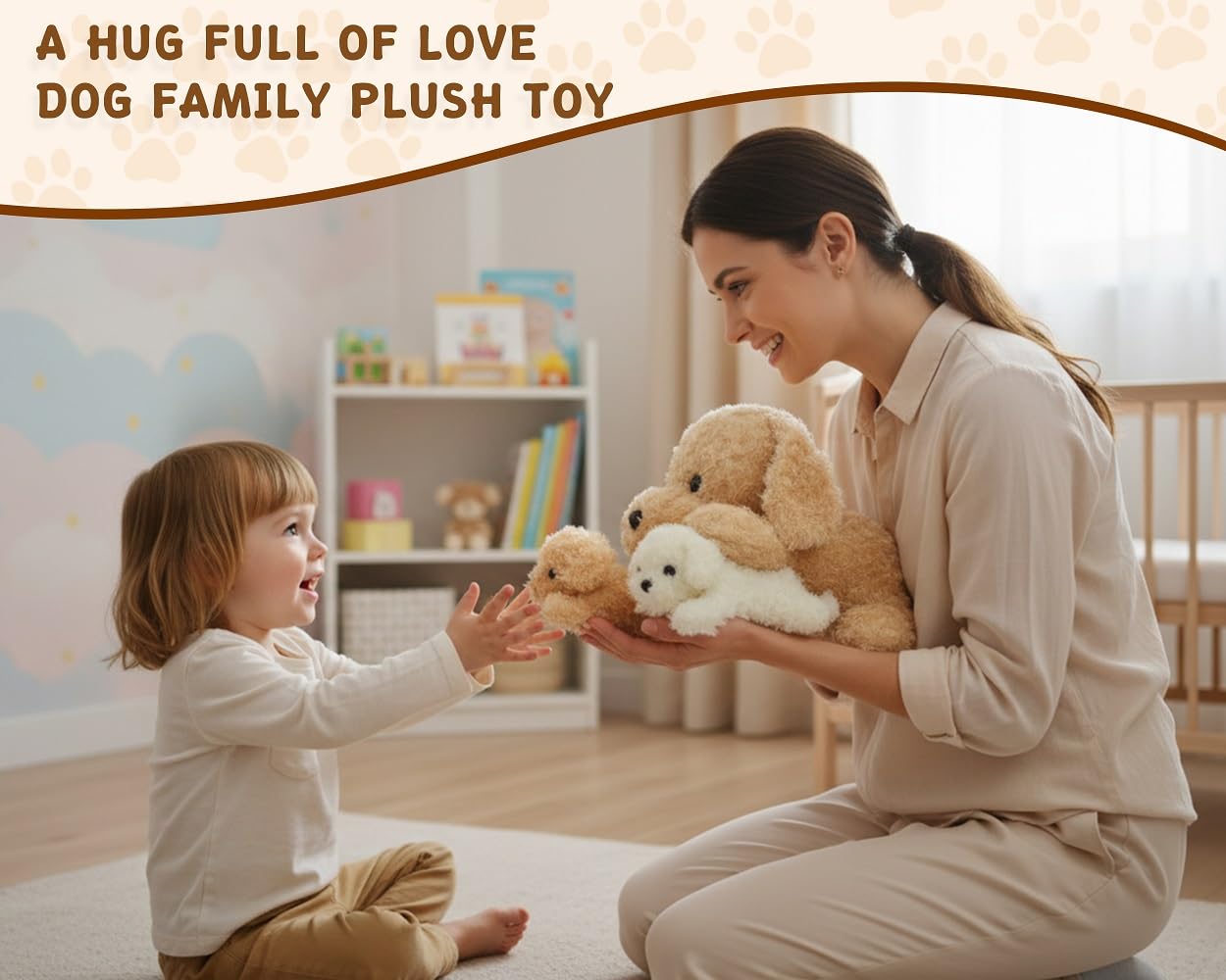Chirpy Chums Classic Dog Family - 17” Mommy Dog Stuffed Animal with 4 Baby Puppies Inside, Zipper Belly Surprise Plush, Ultra-Soft Mommy & Puppy Plush