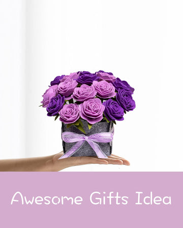 BAZIMA DIY Felt Flower Art Craft Kit, DIY Purple Rose Pot Bonsai Kit, Floral Gifts, Beginner Craft Kit, Arrange Pre-Cut Flowers and Foliage
