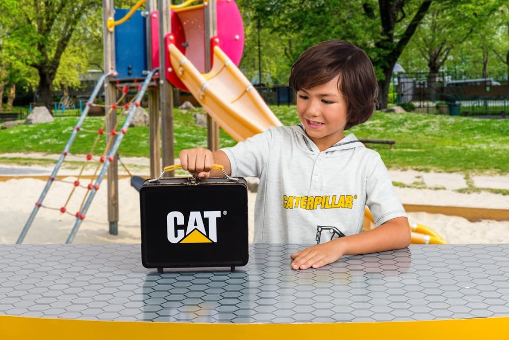 CAT Construction Toys, Store N Go Playset - Tin Travel Case Transforms into Multi-Level Worksite, Includes 2 Little Machines Vehicles & 10 +