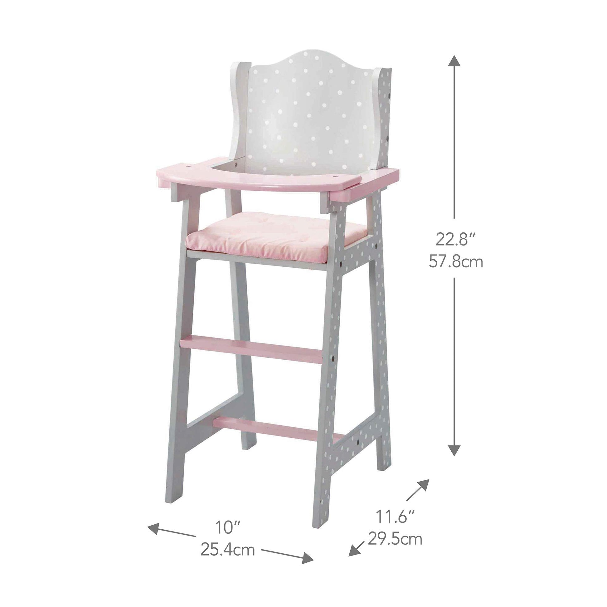 Olivia's Little World Doll High Chair for Baby Dolls, Wooden Doll Play Furniture with Pastel Polka Dot Princess Print & Fabric Seat for 16" to 18"