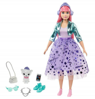 Barbie Princess Adventure Daisy Doll in Princess Fashion (12-inch Curvy) with Pink Hair, Pet Kitten, Tiara, 2 Pairs of Shoes and Accessories, for 3 to