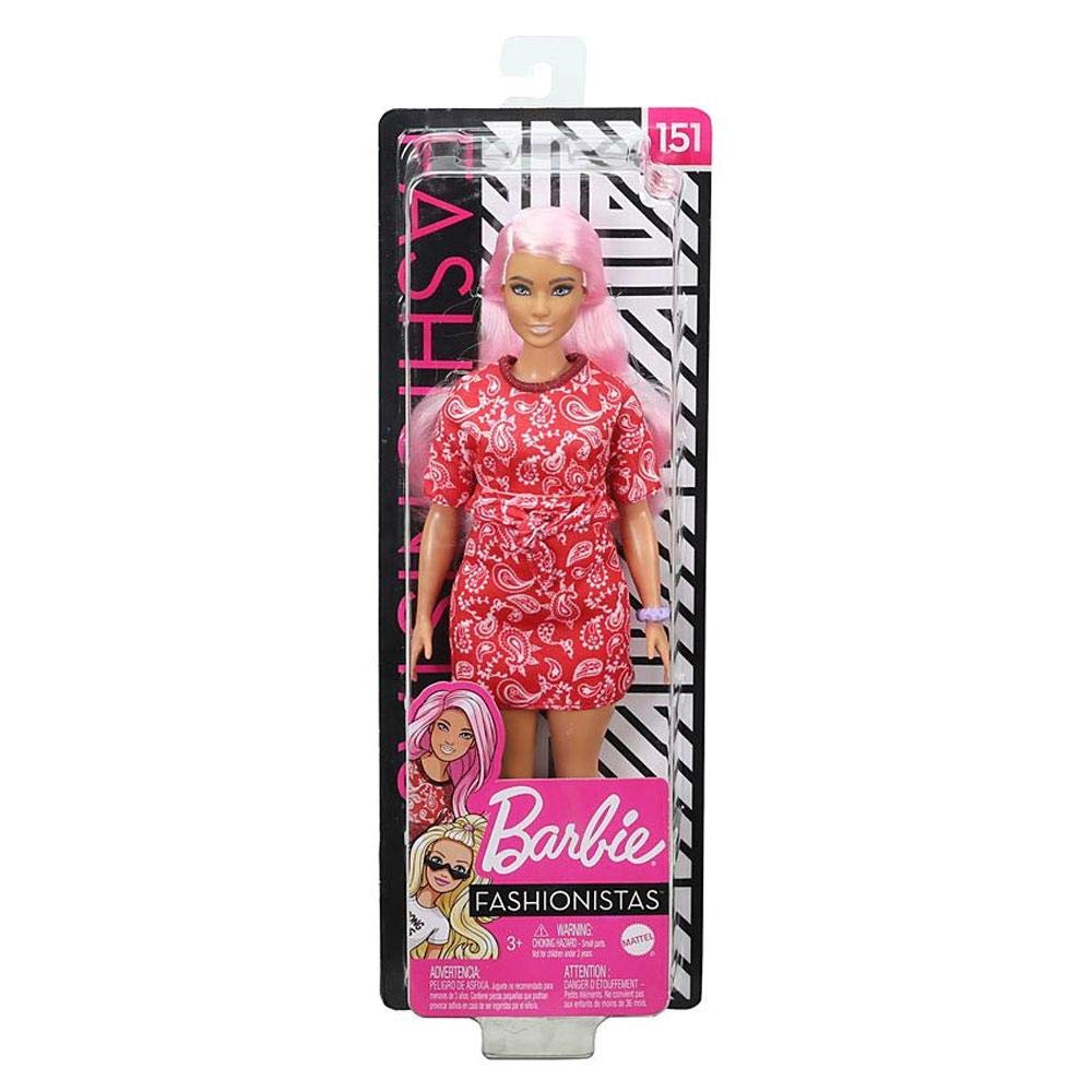 Barbie Fashionistas Doll #151 with Long Pink Hair Wearing a Red Paisley Top & Skirt, White Sneakers & Scrunchie Bracelet, Toy for Kids 3 to 8 Years