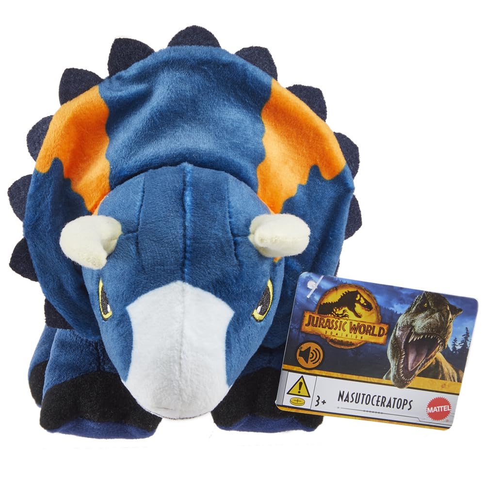 Plush Nasutoceratops Dinosaur Inspired by Jurassic World Dominion ~ Makes Dinosaur Roaring Sound ~ Blue and Orange ~ Approximately 9" Long ~