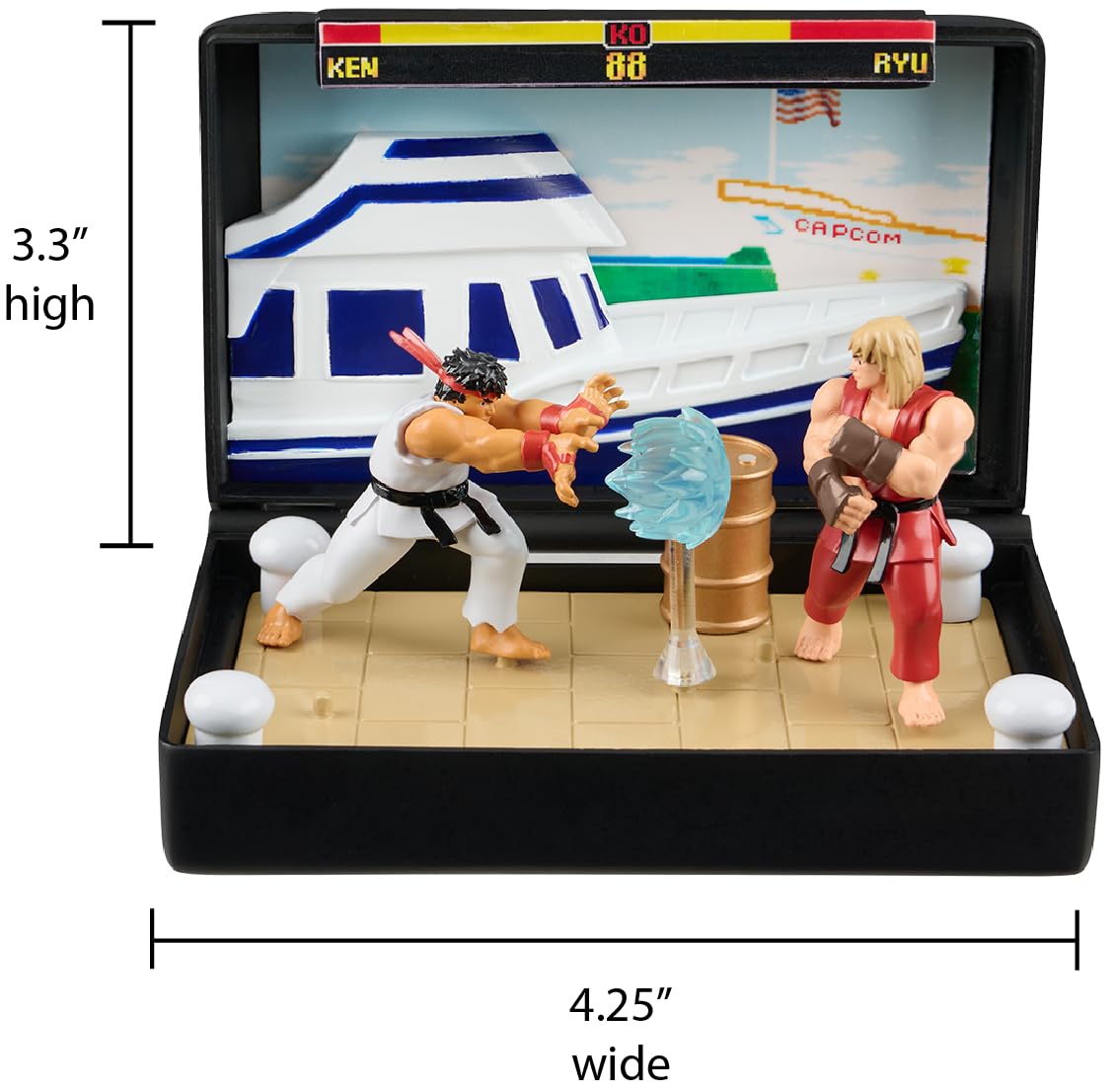 Console Heroes Super Street Fighter II Collectible Diorama - Mini Ryu & Ken Figures with Dock Stage Scene - Retro SEGA Genesis Cartridge Display &
