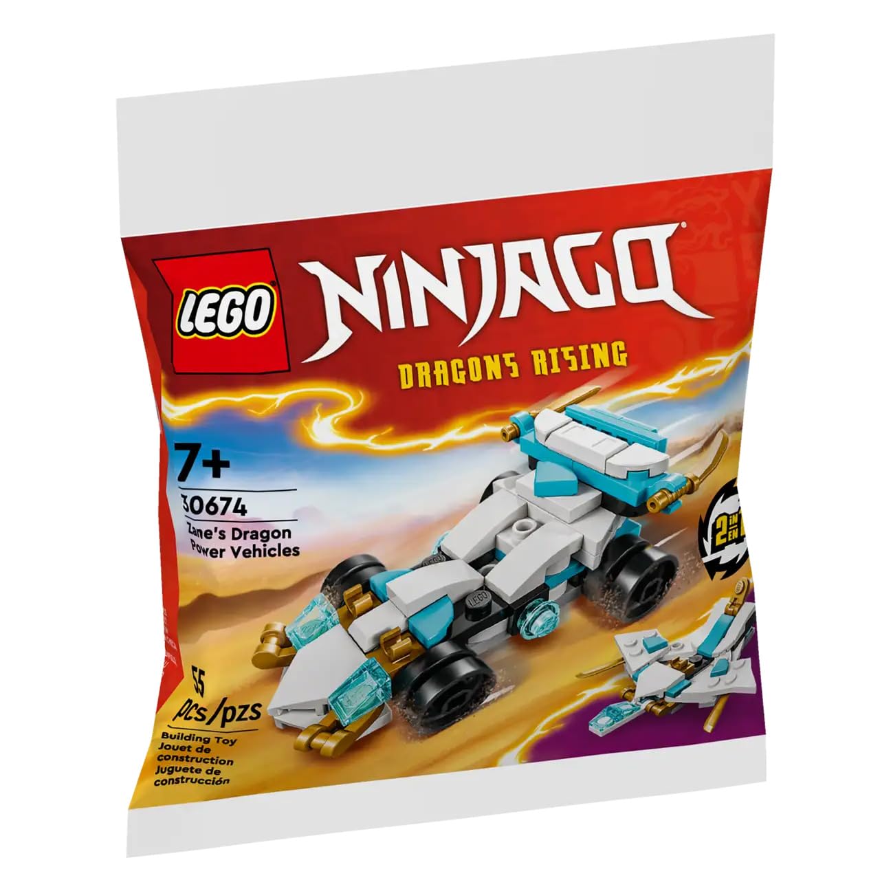 LEGO NINJAGO Zane’s Dragon Power Vehicles 30674 Polybag, 55 Pieces, 2-in-1 Building Set, Dragons Rising Collection, STEM Toy for Kids Ages 7+