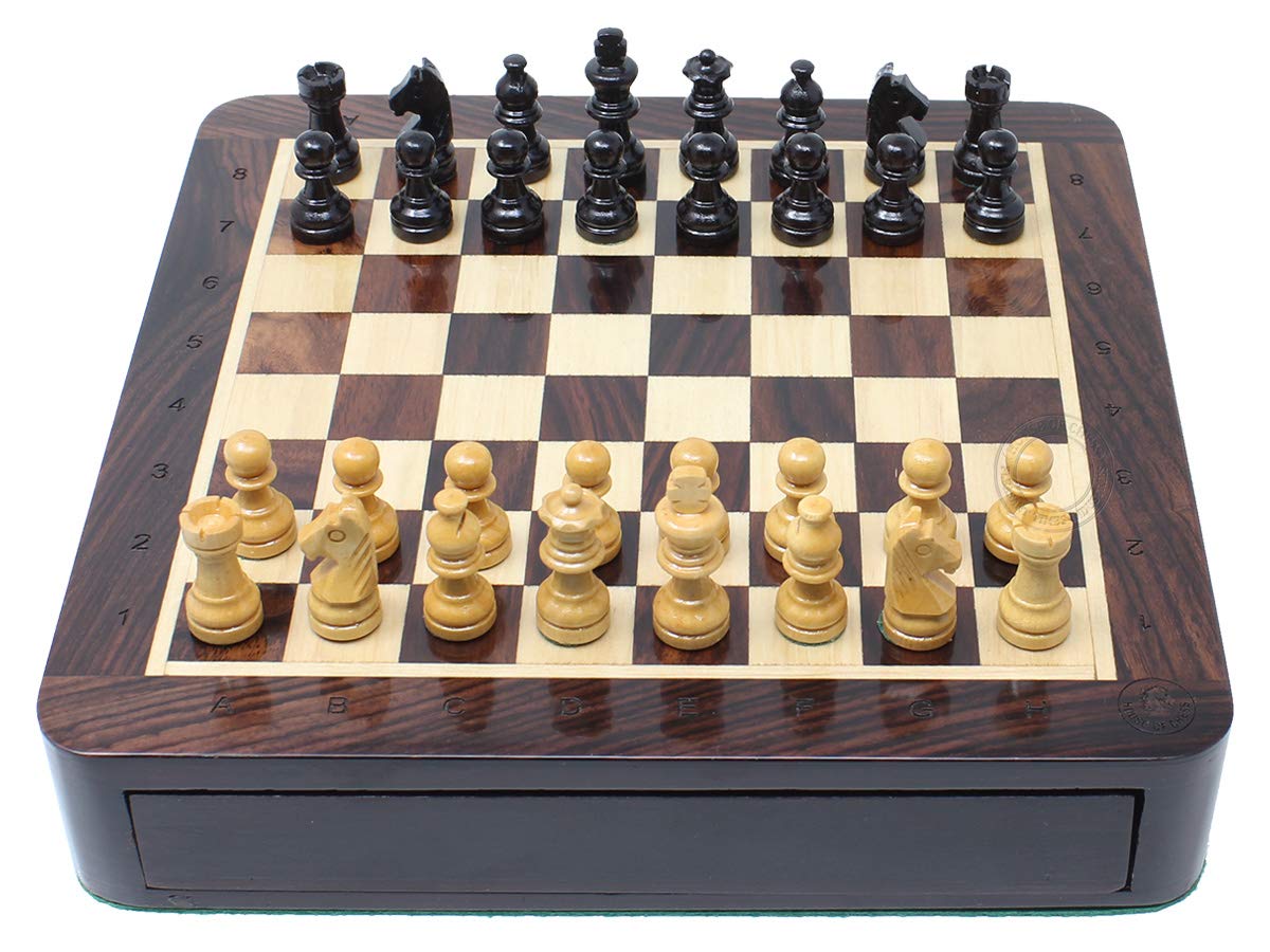 House of Chess - 7.5 Inch Wooden Magnetic Travel Chess Set with Storage Drawer & Algebraic Notation - 2 Extra Queens - Handmade