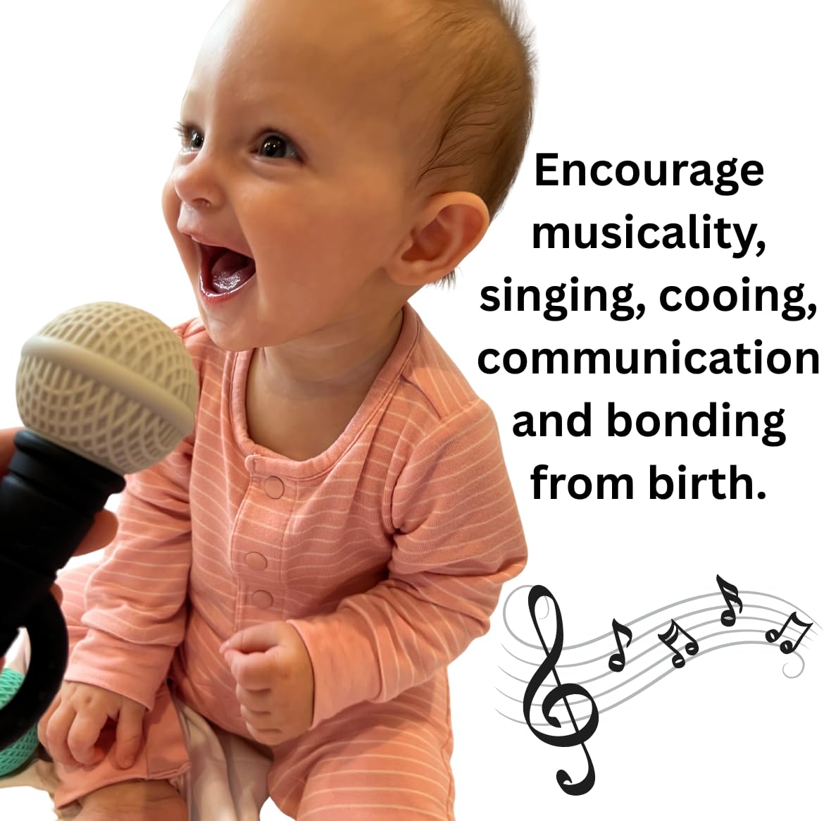Baby Microphone Teether - Microphone Rattle, BPA Free, Silicone, Musical/Singing Toy, Dishwasher & Freezer Safe, Easy-to-Grip Teething Shaker Toy