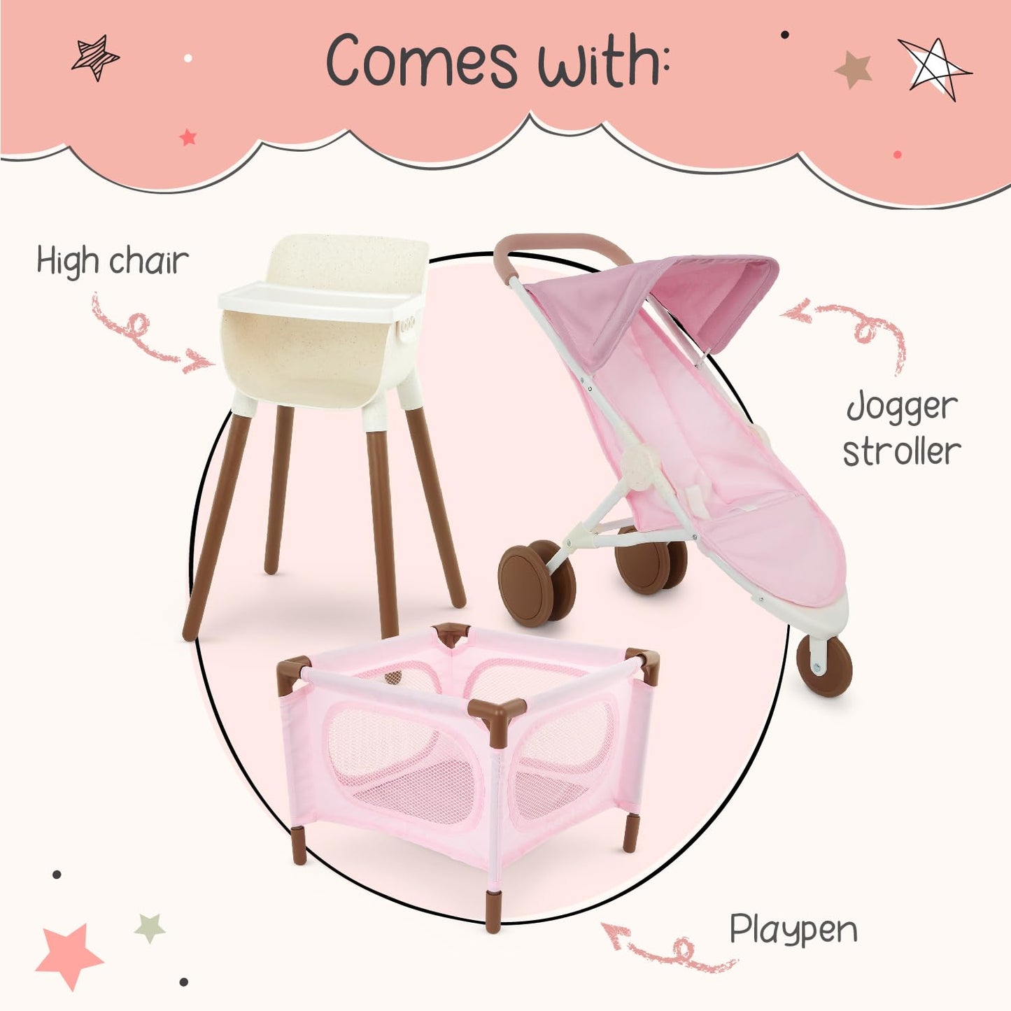 LullaBaby - 14-Inch Realistic Baby Doll Accessory Bundle - Nursery Care Set - High Chair, Playpen & Jogger Stroller - Pretend Play Toys - Kids 2+