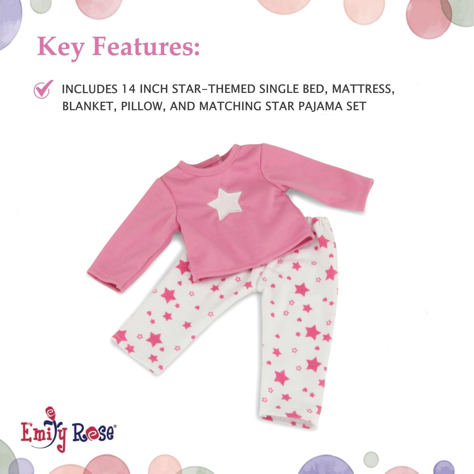 Emily Rose 14 Inch Doll Bed Set with Matching Pajamas | Includes Wooden Bed, Bedding Set, and PJs | Doll Furniture & Accessories