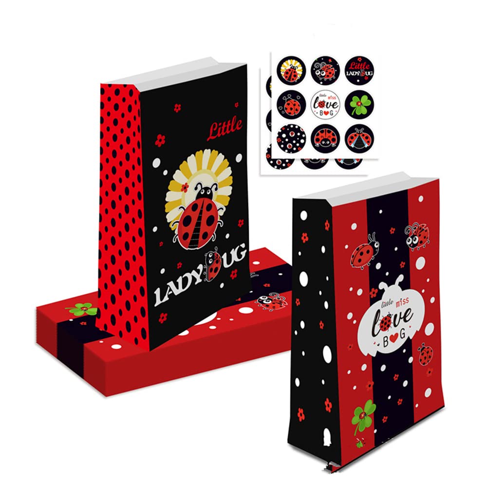 Ghberll Ladybug Party Bags 30Pcs Favor Kit with 1 Tablecover Red Black Polka Dots Tablecloth & Treat Paper Candy Bags for Birthday Party Decorations