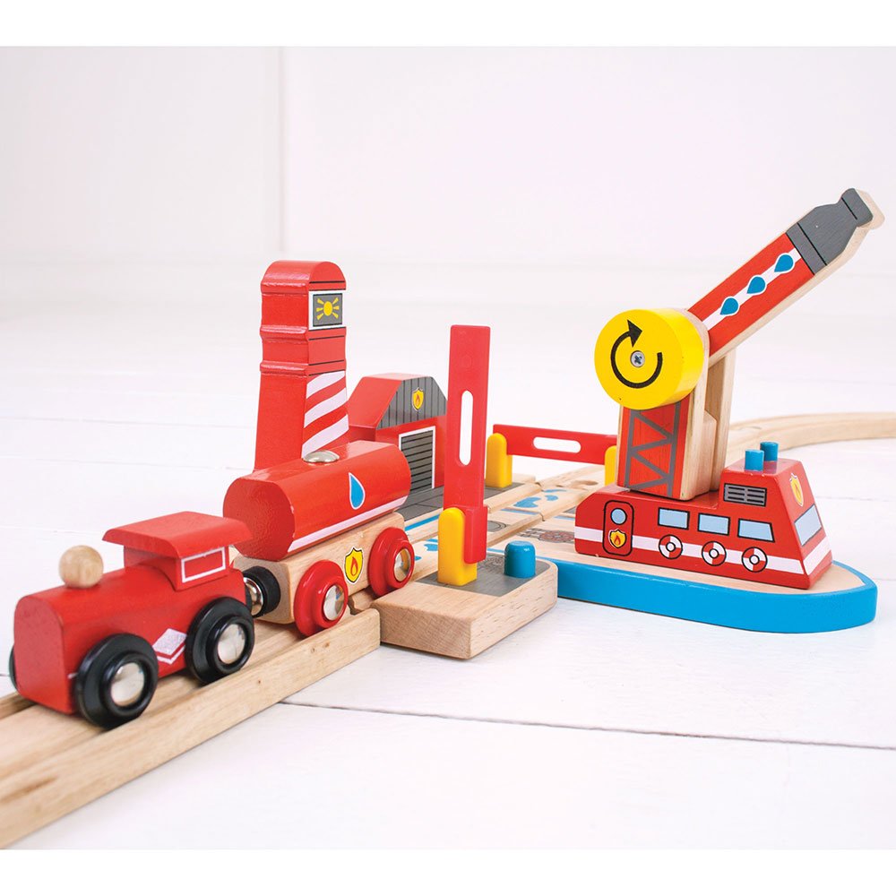 Bigjigs Rail Fire & Sea Rescue | Wooden Train Set Accessories | Emergency Services Toys | Expansion Pack for Wood Railway Track | Includes Crane