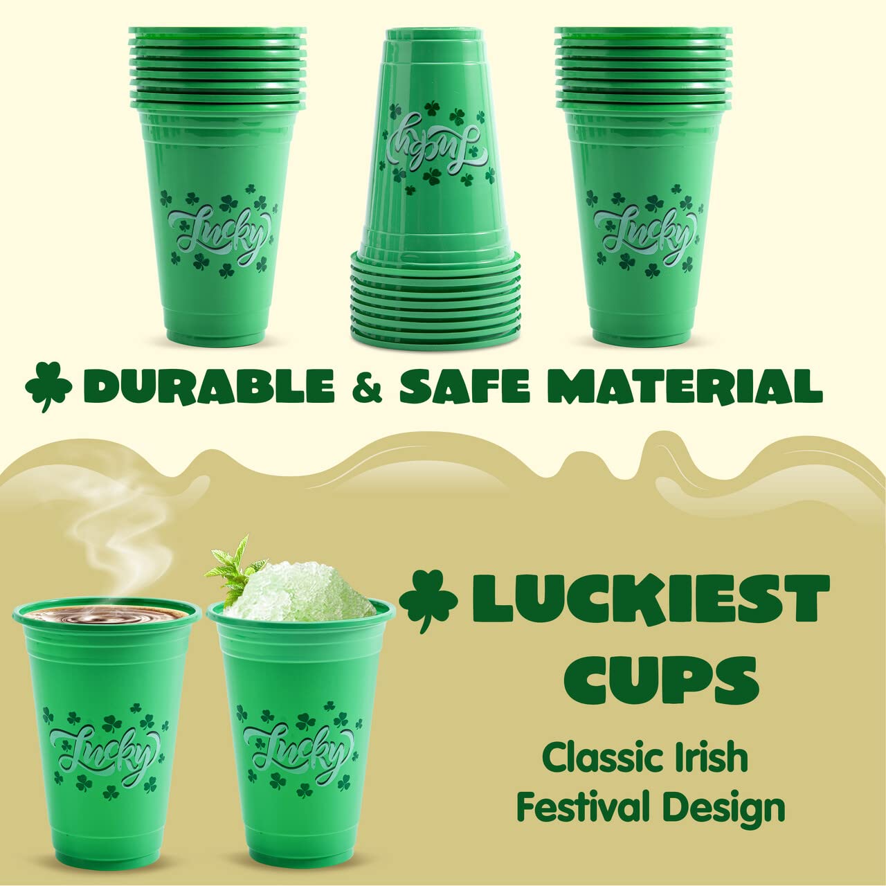 JOYIN 72 Pcs St.Patrick‘s Day 16 oz Cups, Green Disposable Plastic Lucky Clover Cups for Saint Patrick Party Supplies Set, Irish Lucky Day Party