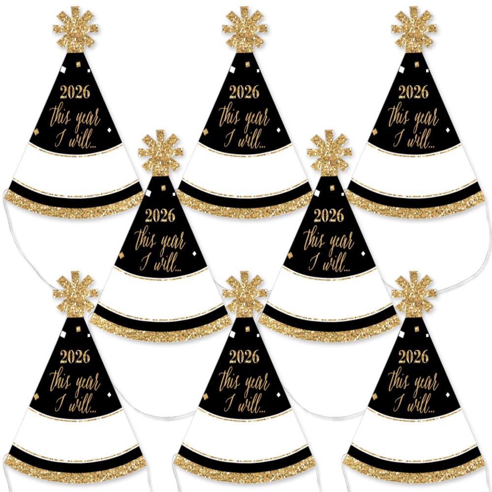 Big Dot of Happiness New Year's Eve - Gold - Mini Cone 2026 New Years Eve Party Hats - Small Little Party Hats - Set of 8
