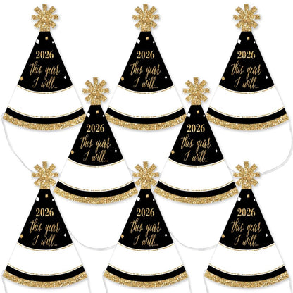 Big Dot of Happiness New Year's Eve - Gold - Mini Cone 2026 New Years Eve Party Hats - Small Little Party Hats - Set of 8
