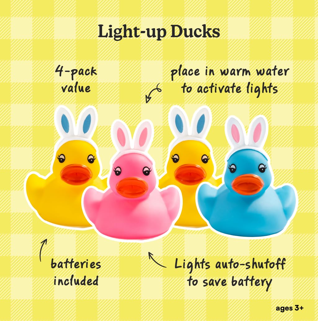 Light Up Rubber Ducks for Kids (4 Pack) - LED Glowing Bunny Duck Toys, Colorful Bath & Play Set, Party Favors & Classroom Prizes with Giftable Box
