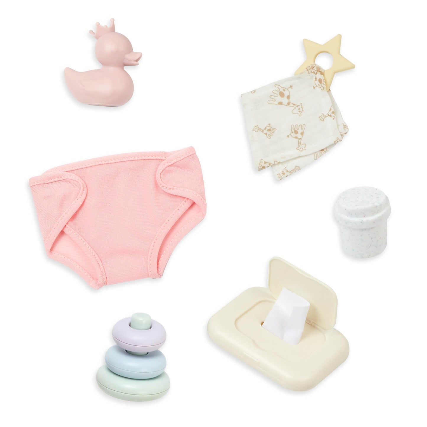 LullaBaby - 9 Pieces Changing Set - Diaper, Baby Wipes & Stacking Rings -14-Inch Baby Doll Accessories - Pretend Play 2+ Years - Play & Care Set