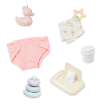 LullaBaby - 9 Pieces Changing Set - Diaper, Baby Wipes & Stacking Rings -14-Inch Baby Doll Accessories - Pretend Play 2+ Years - Play & Care Set