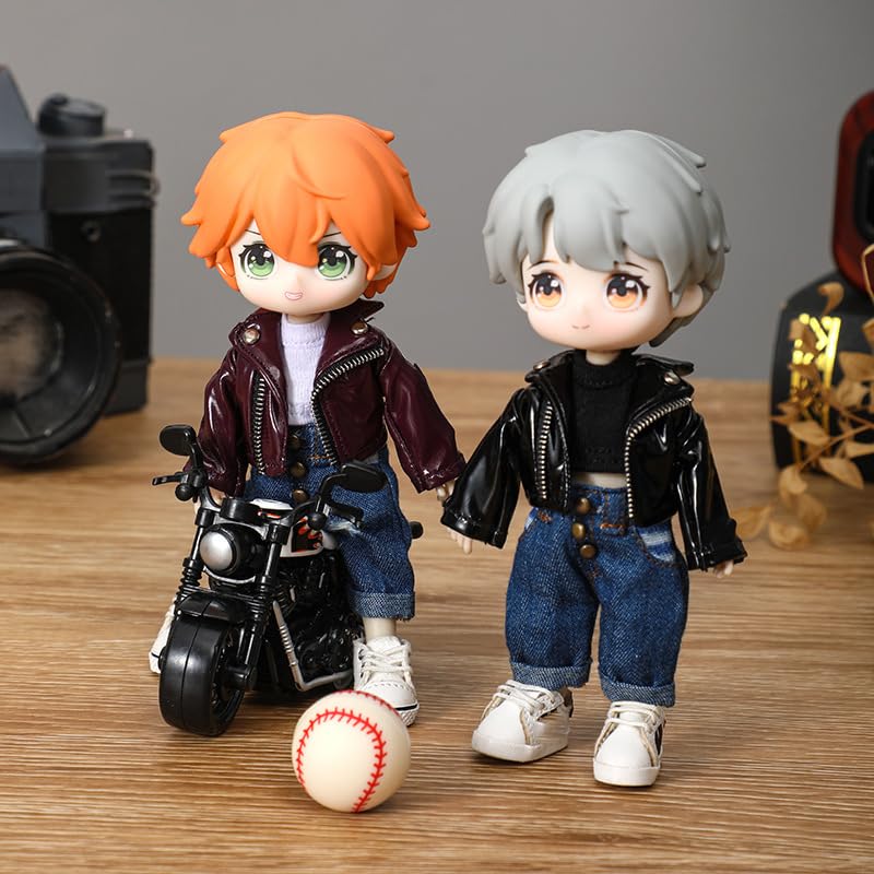 niannyyhouse 1/12 BJD OB11 Doll Clothes Leather Jacket Vest Ripped Jeans Doll Dressup (Wine Red)