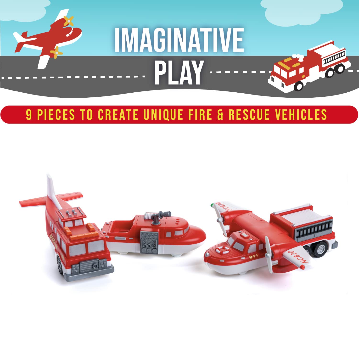 POPULAR PLAYTHINGS Magnetic Vehicles for Toddlers 1-3, Mix or Match Car Toys, Set of 3 Gift for Kids - Vehicles, Fire & Rescue, Red and White