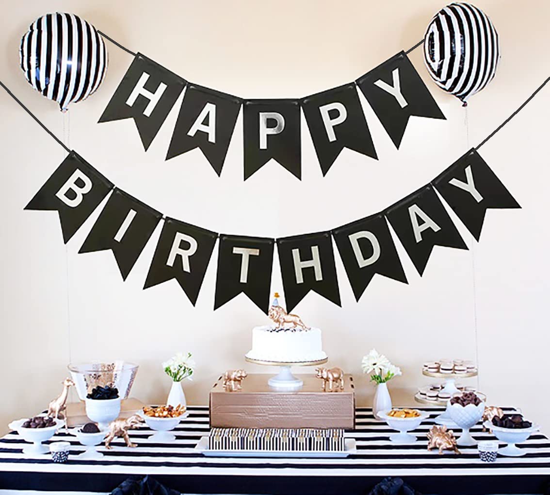 Runhiskii Black Happy Birthday Banner, Durable Happy Birthday Sign Bright Silver Letters for Birthday Party Decorations