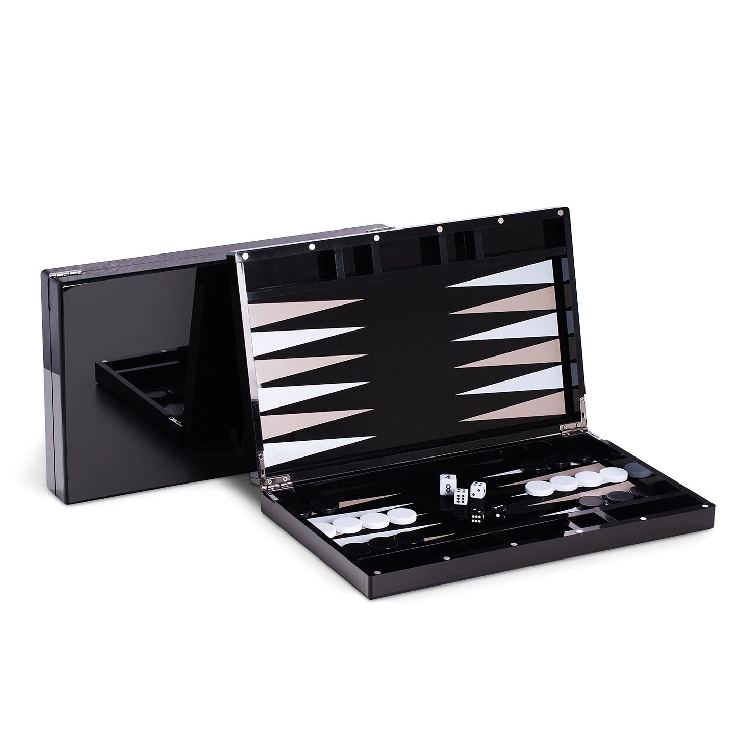 Bey-Berk Damien Acrylic Backgammon Set, 14" Black Lucite Case with Magnetic Closure and Complete Playing Pieces, Sleek Modern Game Display