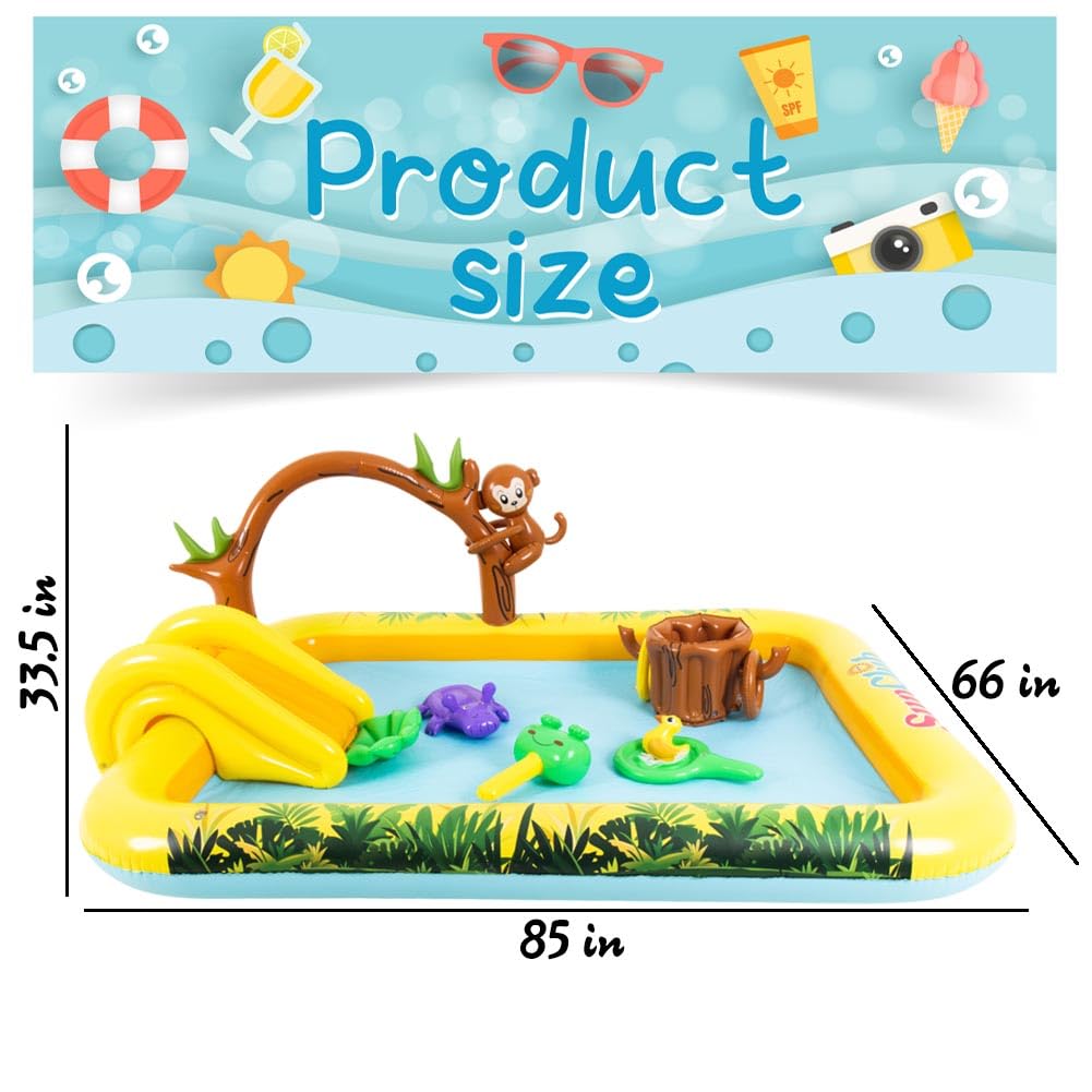 Inflatable Jungle Animal Play Center Outdoor Playhouse Inflatable Water Park with Kid Pool Slide, Sprinkler Toy with Base Pool, Monkey, Tree Stump