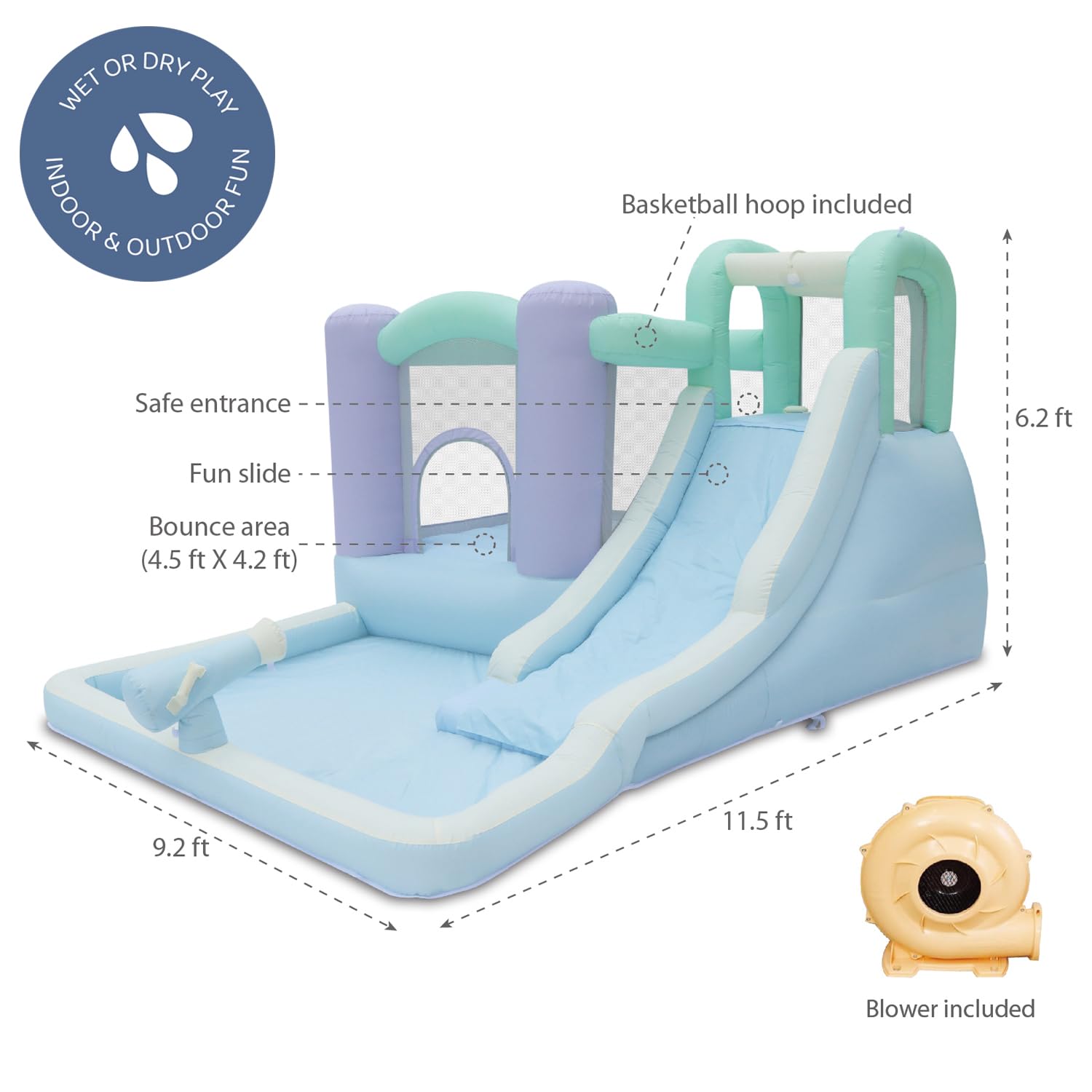 Bounceland Splash Zone Dream Wet or Dry Bounce House Water Slide, 11.5ftL x 9ftW x 6ftH, Pastel Color, Spacious Bounce Area, Splash Pool, Climbing