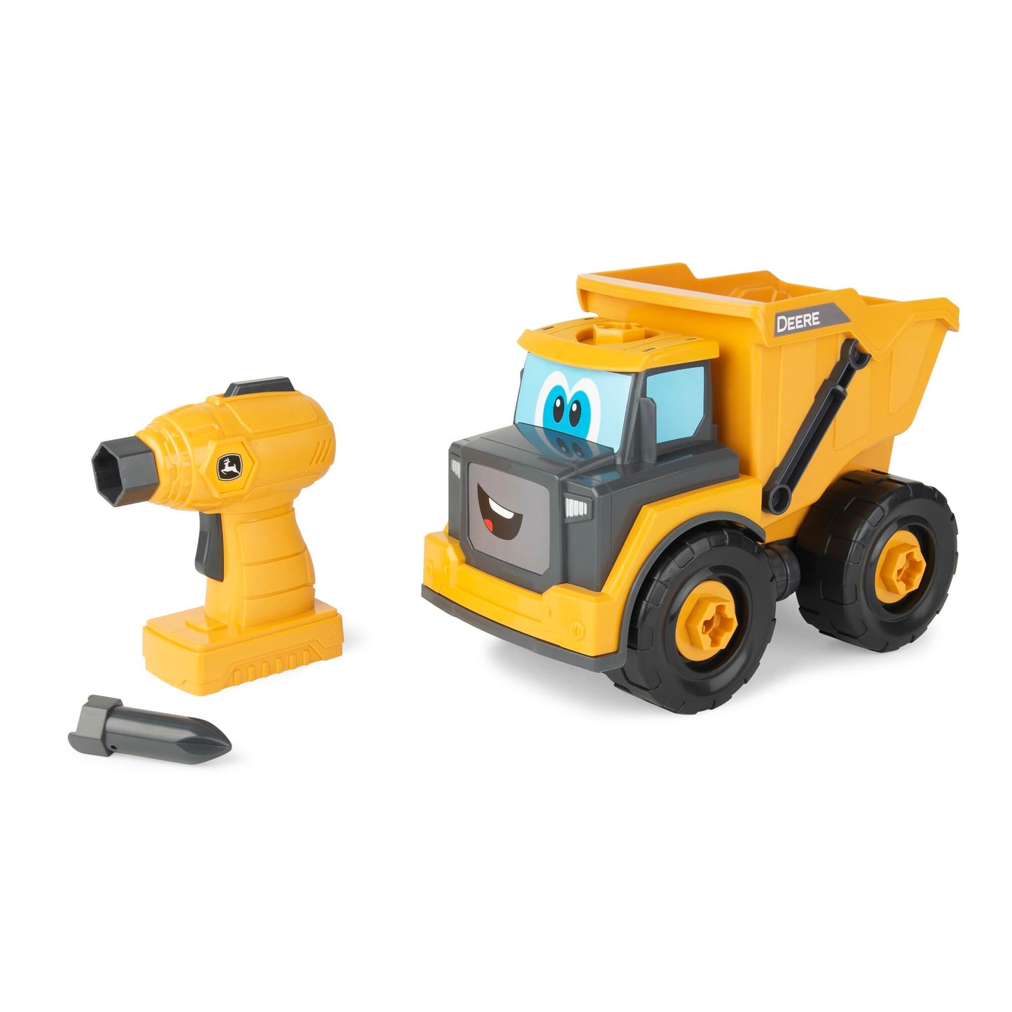 Build-A-Buddy John Deere Dump Truck Toy - Buildable Dump Truck Take Apart Toys with Toy Drill - AA Batteries Included - STEM Building Toys - Yellow