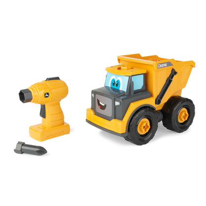 Build-A-Buddy John Deere Dump Truck Toy - Buildable Dump Truck Take Apart Toys with Toy Drill - AA Batteries Included - STEM Building Toys - Yellow