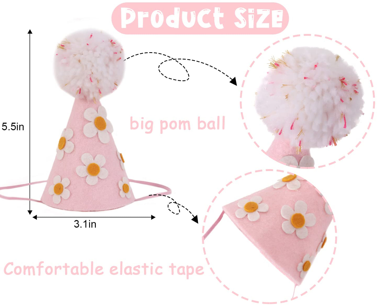 LINLULU Pink Birthday Hat with White Daisy Felt Cloth, Perfect Groovy Party Decorations, Kids Photoshoot Prop, Ages 1-99, Pink