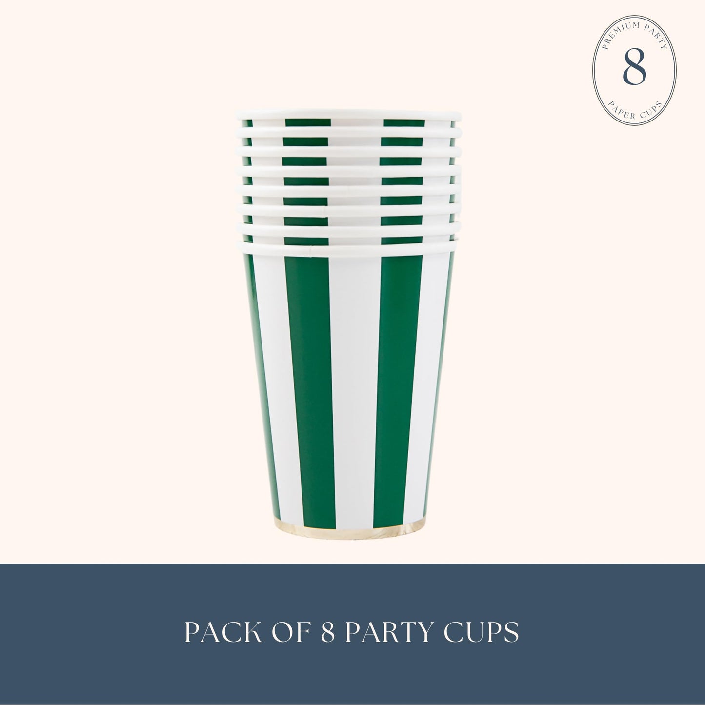 Bonjour Fête Green Cabana Stripe Paper Party Cups | Disposable Cups for Holidays, St. Patrick's Day, Christmas & Birthdays | Premium 12oz Party