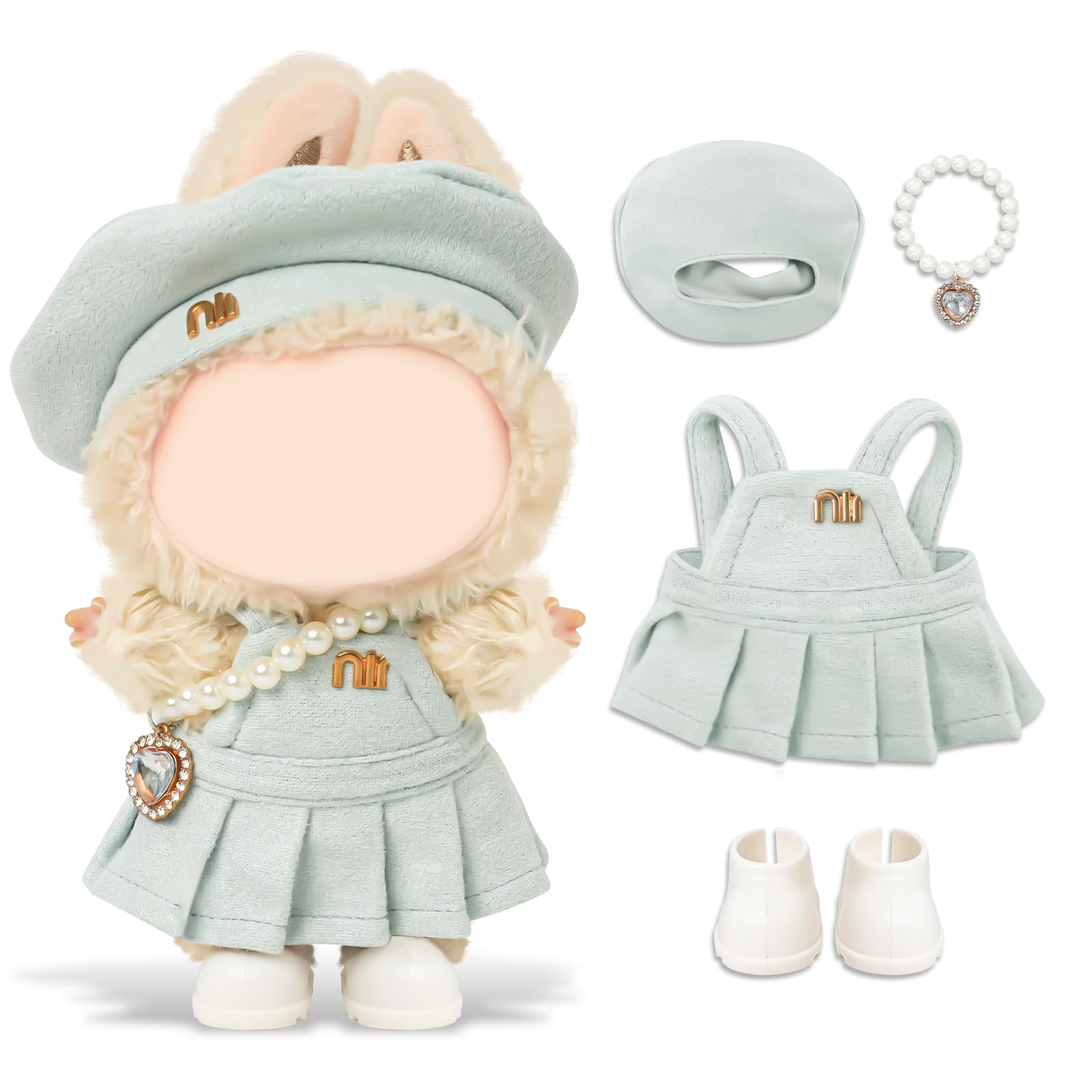 Clothes Compatible with LABUBU Doll - 4PCS Frosted Mint Set, 17cm Doll Clothes Designer Outfit for Campus Classic Theme, Chic Stylish Accessories