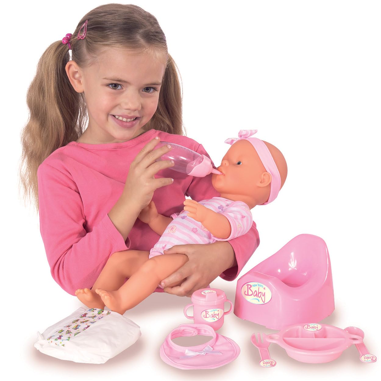 Simba Toys Newborn Baby Doll with Pink Accessories - 16.93" Includes Diaper, Bottle, Potty, and Eating Utensils | Kids and Toddlers Ages 3 and Up