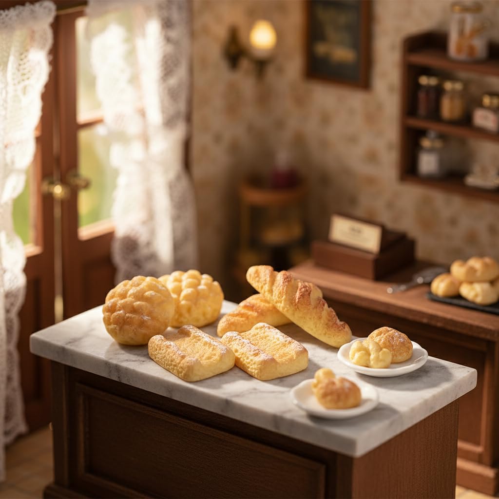 Hyper-Realistic Miniature Bread Set, 1/12 Scale Resin Food Props for Dollhouse Kitchens, Model Train Scenes, Photography and Mini Bakery Displays (6)