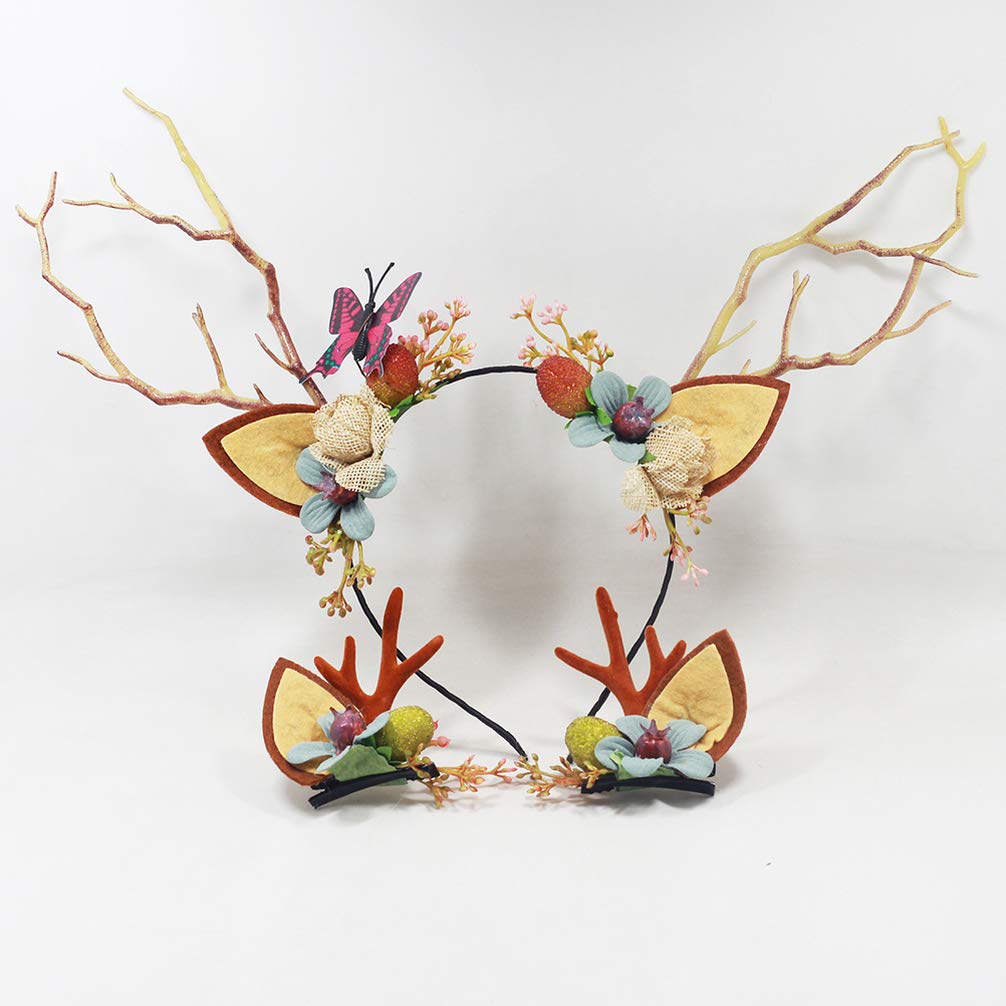 Lurrose 3pcs Reindeer Antlers Headband Christmas Hair Clip Floral Hair Hoop Butterfly Pine Cone Branch Headband for Xmas Holidays Party Cosplay Favors