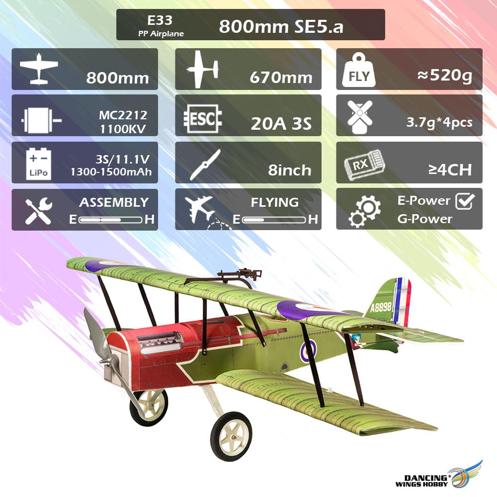 Dancing Wings Hobby Radio Control Airplane 800mm PP Foam Biplane S.E.5a Need to Build for Adults (E3301)