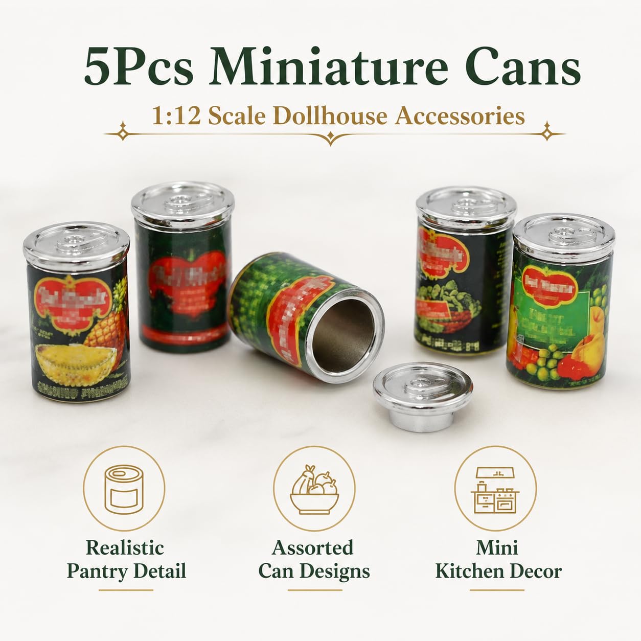 5Pcs Miniature Cans Dollhouse Kitchen Accessories, 1:12 Scale, Dollhouse Décor and Miniature Food