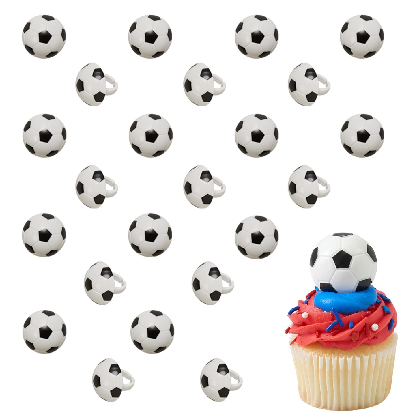 DecoPac Soccer Rings, Cupcake Decorations, Soccer Ball Cupcake Toppers, Food Safe Cake Topper - 24 Pack