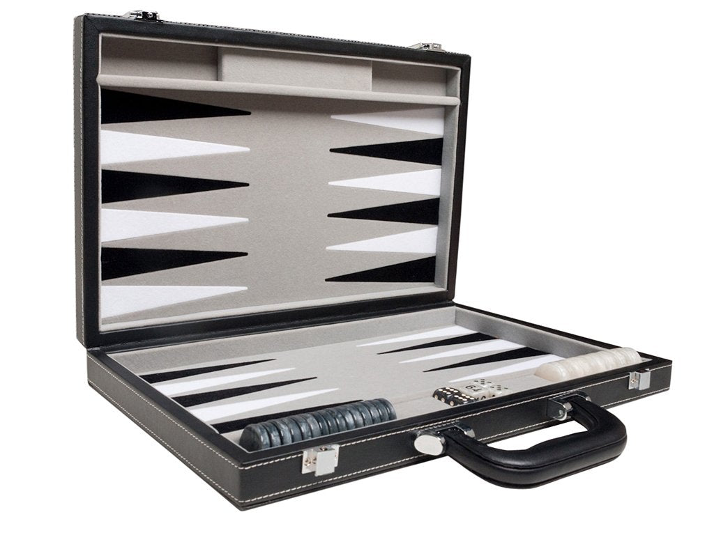 Travel Backgammon Set - Leatherette, Velvet Playing Field - 15-inch, Black/Grey