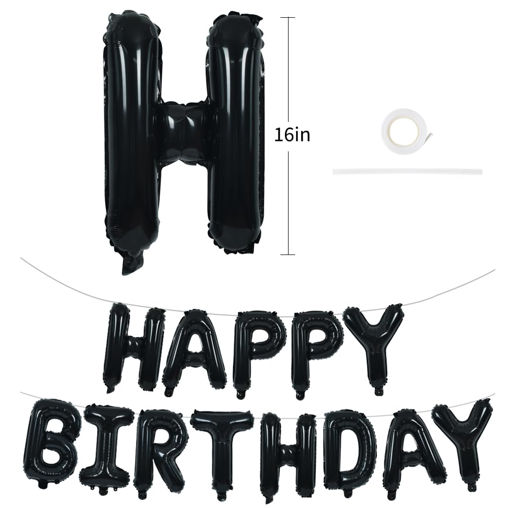 TONIFUL Black Happy Birthday Balloons Banner Decoration 16 Inch Mylar Foil Letters Birthday Sign Banner Bunting Reusable for 30th 40th 50th 60th Men