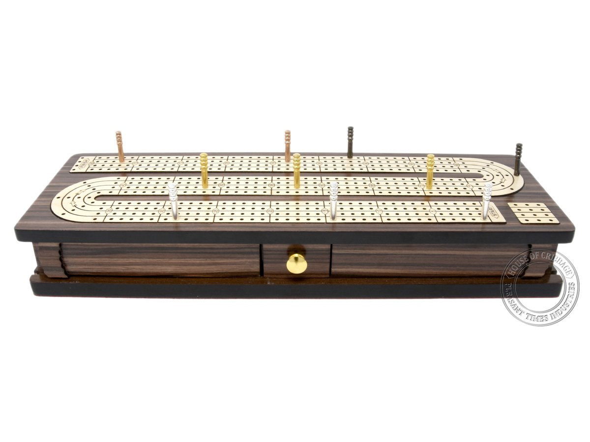 House of Cribbage - Continuous Cribbage Board Inlaid 4 Tracks Rosewood/Maple with Sliding Lids and Drawer