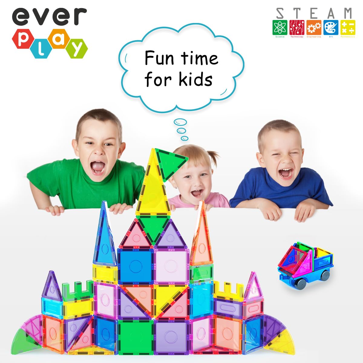 Everplay 66 pc Magnetic Tiles with Multicolored Car Set, Building Blocks Toys, STEM Educational Learning Magnet Toy Preschool Montessori Boys & Girls